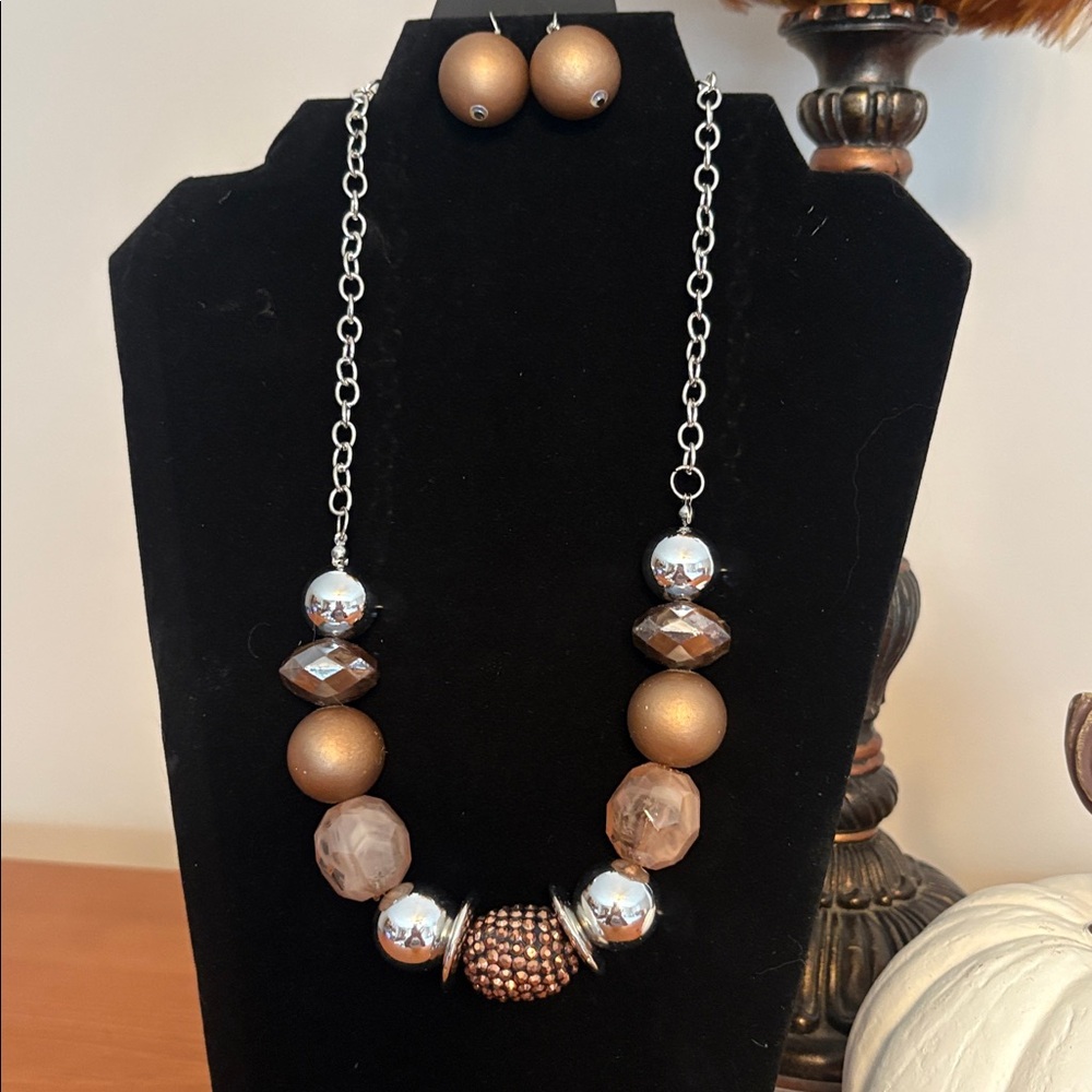 Chunky Brown and Silver toned Beaded Necklace Set by paparazzi.
